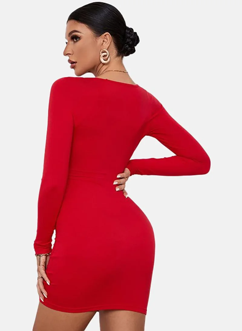 يونيكي Red Solid Long Sleeve Sweetheart Neck Mini Bodycon Dress
