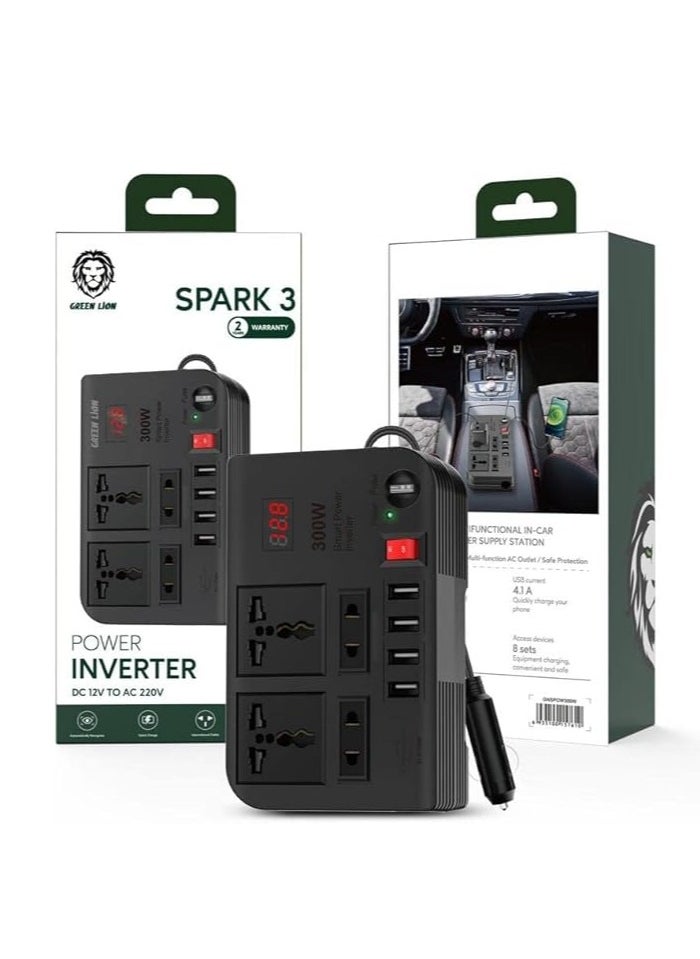 GREEN LION - Spark 3 Power Inverter Quick Charge  Outlets  2 USB-A 2 / 2 USB-A 3 / 3 USB-C (PD) / 300W Max Power / Short Circuit Protection / Safe and Reliable / Overheat Protection / Multiple Function / Low Voltage Protection / High Voltage Protection / Surge Protection - Black - Image 1