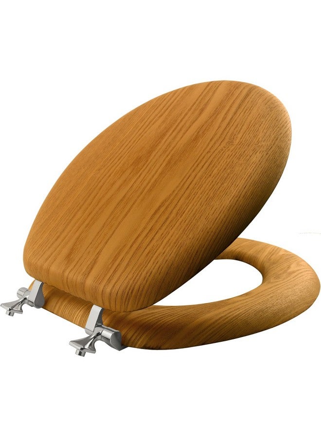 Mayfair Natural Oak Veneer Toilet Seat with Chrome Hinges, Round, Wood - Image 1