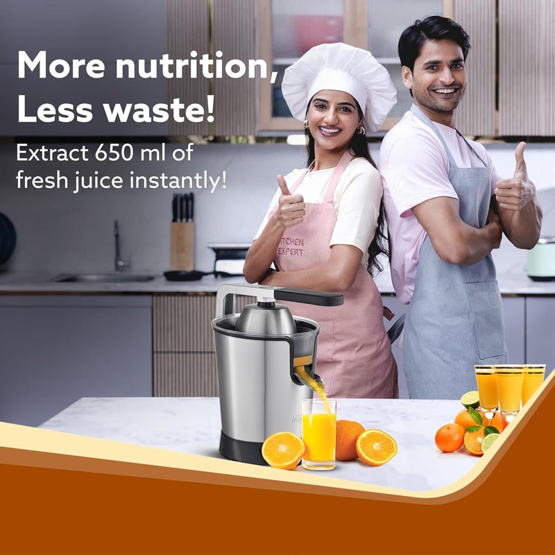 AGARO Regency Electric Citrus Juicer 350W, 650 ml, Pulp Regulator, AC Copper Motor, 2 Cones For All Citrus fruits, 2 filters, Anti Drip, Stainless Steel Body, Silver & Black - Image 3