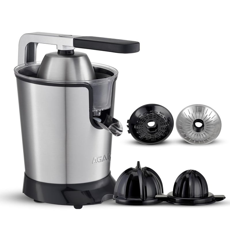 AGARO Regency Electric Citrus Juicer 350W, 650 ml, Pulp Regulator, AC Copper Motor, 2 Cones For All Citrus fruits, 2 filters, Anti Drip, Stainless Steel Body, Silver & Black - Image 1