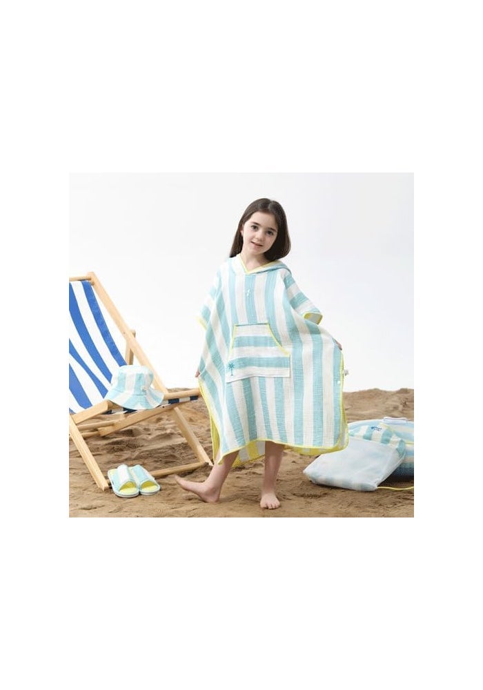 Reefi Lines Kids 4-Piece Hooded Cappa Set with Hat, Bag and Slippers - Blue-Yellow Striped - Image 2