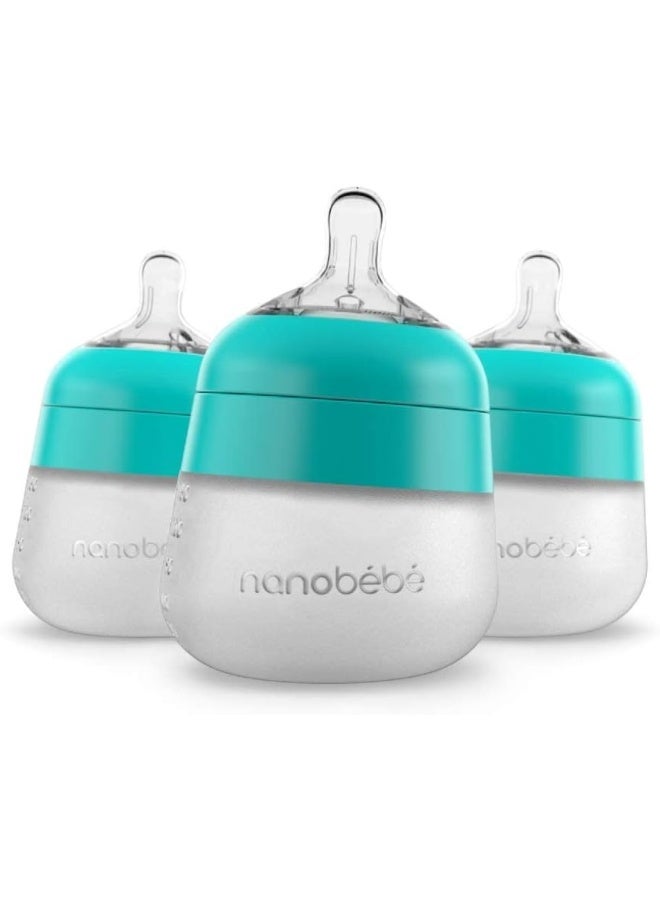 Nanobébé Flexy Silicone Baby Bottle, Anti-Colic, Natural Feel, Non-Collapsing, Non-Tip Stable Base, Easy to Clean 3-Pack, Teal, 5 oz, 150 ml - Image 1
