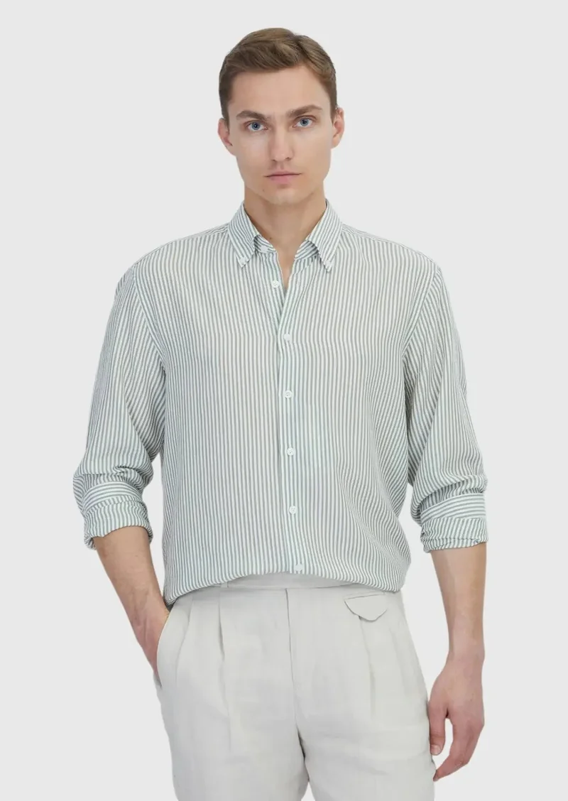 رامسي قميص كاجوال مخطط باللون الأخضر الفاتح بقصة عادية