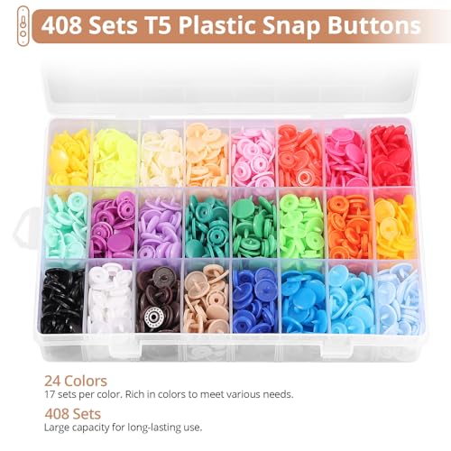 Kamtop Snaps and Snap Pliers Set, 408 Sets T5 Plastic Snap Buttons 24 Colors, Snap Fasteners Snap Press Pliers Snaps Starter Kit Snap Setter Tool for Clothes Sewing Bibs Rain Coat DIY Crafting - Image 4