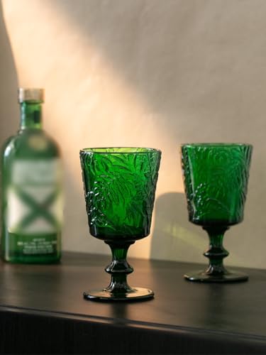 SOUJOY Set of 4 Colored Wine Glass Goblet, 12oz Handmade Pressed Stemmed Water Cup, Green Vintage Tropical Palm Pattern Embossed Drinkware for Party, Wedding, Christmas - Image 5