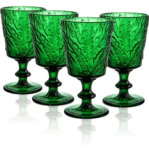 SOUJOY Set of 4 Colored Wine Glass Goblet, 12oz Handmade Pressed Stemmed Water Cup, Green Vintage Tropical Palm Pattern Embossed Drinkware for Party, Wedding, Christmas - Image 1