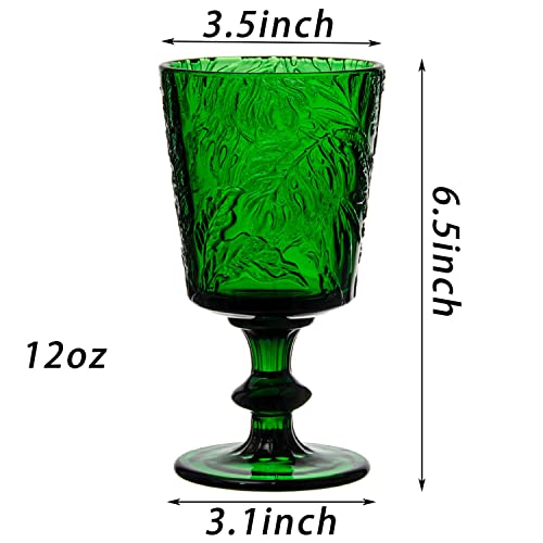 SOUJOY Set of 4 Colored Wine Glass Goblet, 12oz Handmade Pressed Stemmed Water Cup, Green Vintage Tropical Palm Pattern Embossed Drinkware for Party, Wedding, Christmas - Image 2