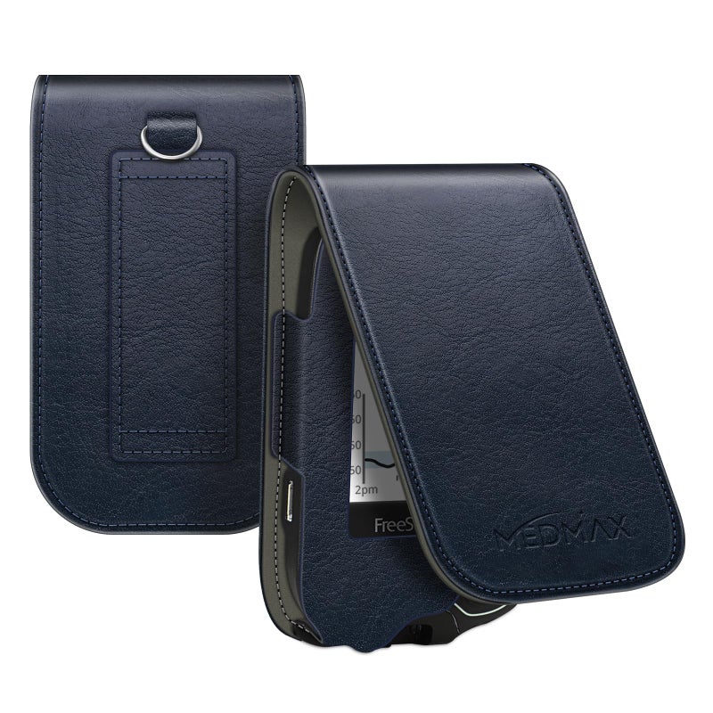 PU Leather Protective Case for Freestyle Libre 3 2 Libre Reader Lightweight Shockproof Diabetic Storage Carrying Case with Carabiner Clip and Handle Navy