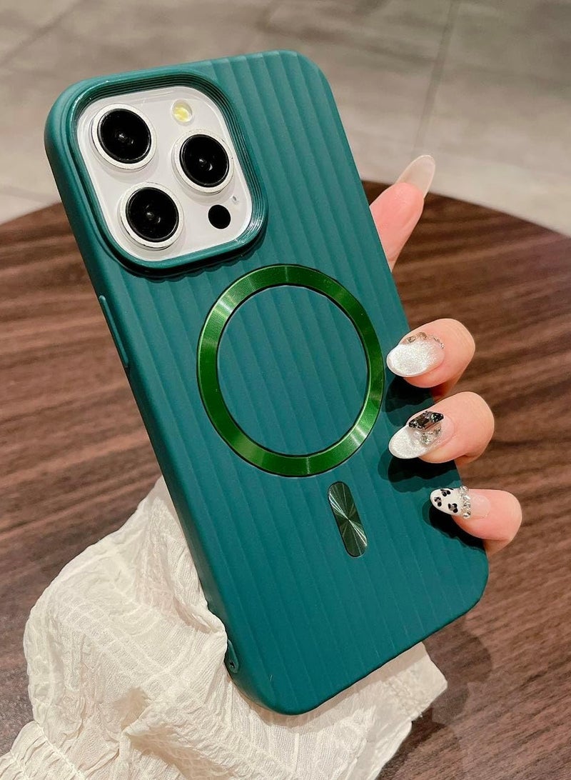 Plating Matte Style Corrugated Stripe Luggage Case for iPhone Cover 13\14  Wireless Charging Magnetic Luxury Case Wave Design (Emerald green, Iphone13/14)