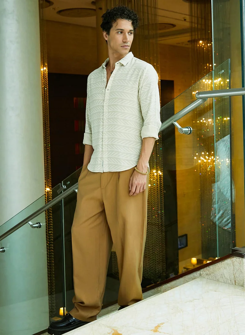 Campus Sutra Men's Saltbox Beige Contrast-Lined Shirt