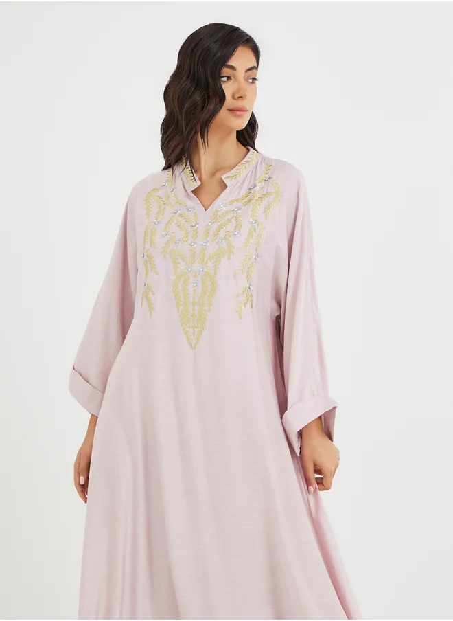 أميرة Amirah Embellished A-Line Jalabiya with Embroidered Detail