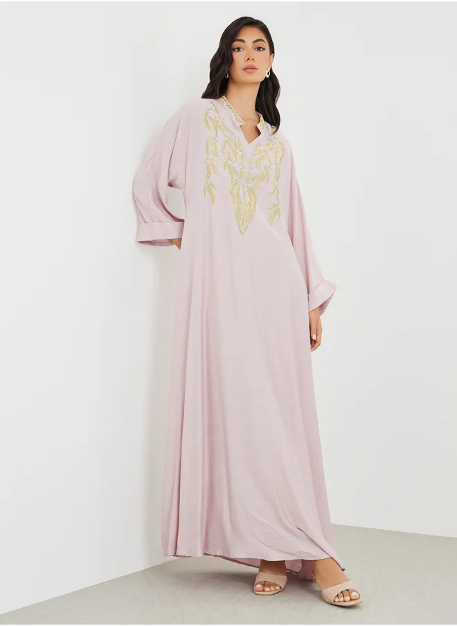 أميرة Amirah Embellished A-Line Jalabiya with Embroidered Detail