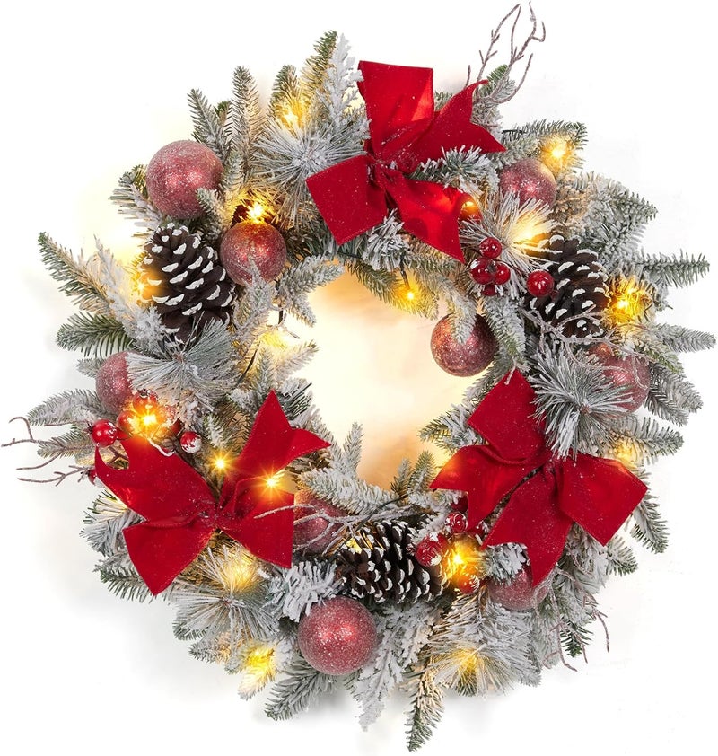 Fashionwu 24 Inch Lighted Christmas Wreaths Prelit Xmas Wreath with 3 Red Bow Pine Wreath with 30 LED Lights Light Up Christmas Wreath for Front Door Holiday Wall Christmas Party Decor - Image 1