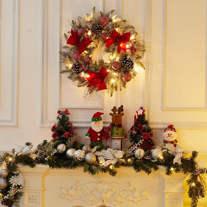 Fashionwu 24 Inch Lighted Christmas Wreaths Prelit Xmas Wreath with 3 Red Bow Pine Wreath with 30 LED Lights Light Up Christmas Wreath for Front Door Holiday Wall Christmas Party Decor - Image 5
