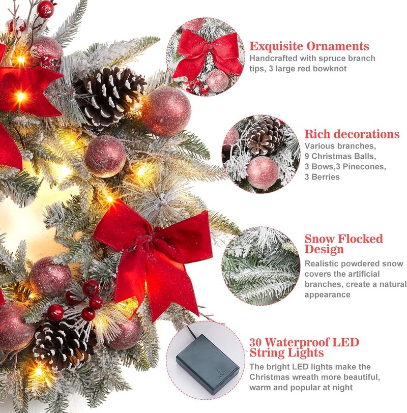 Fashionwu 24 Inch Lighted Christmas Wreaths Prelit Xmas Wreath with 3 Red Bow Pine Wreath with 30 LED Lights Light Up Christmas Wreath for Front Door Holiday Wall Christmas Party Decor - Image 3