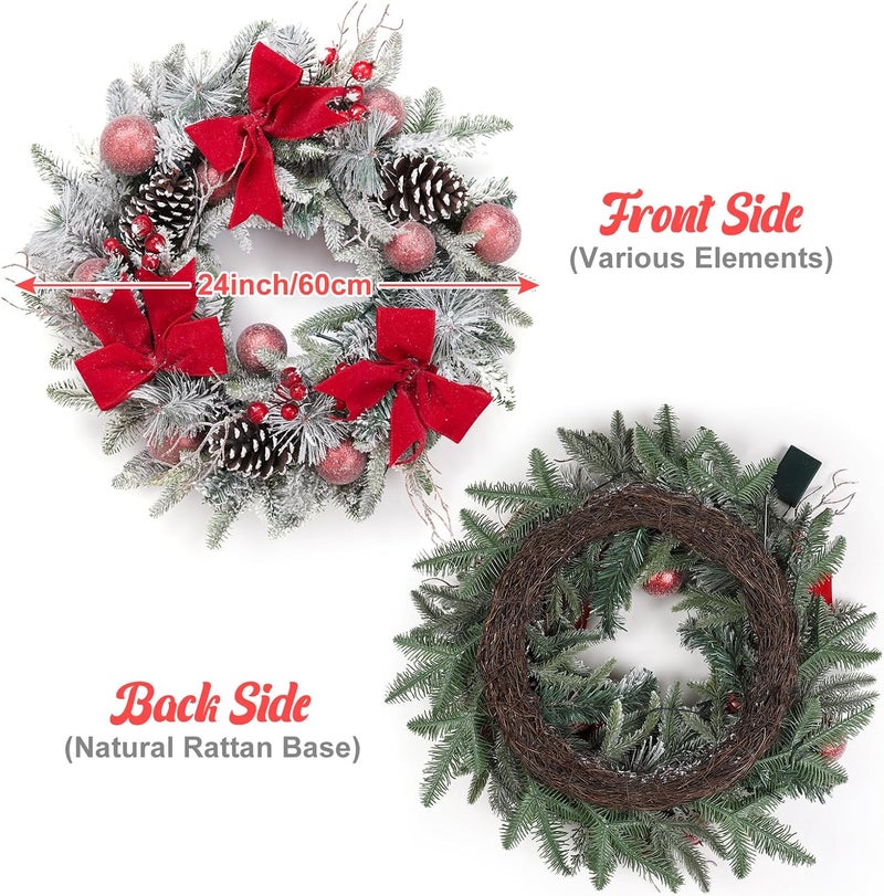Fashionwu 24 Inch Lighted Christmas Wreaths Prelit Xmas Wreath with 3 Red Bow Pine Wreath with 30 LED Lights Light Up Christmas Wreath for Front Door Holiday Wall Christmas Party Decor - Image 2