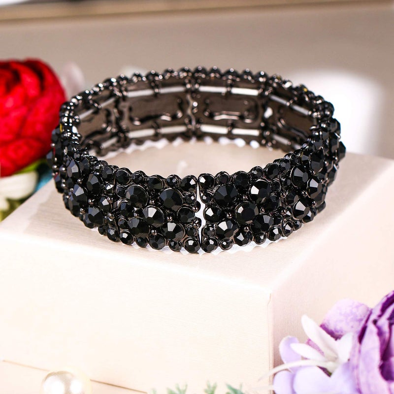 EVER FAITH Costume Jewelry Round Crystal Elegant Bridal Stretch Bracelet for Women Black Black-Tone - Image 3