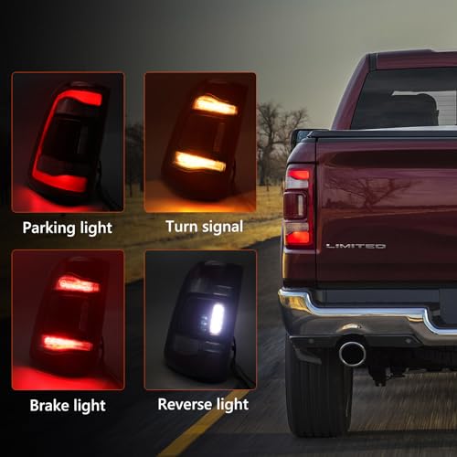 FIONE LED Tail Light Assembly Compatible with Dodge Ram 1500 Taillight Without Blind Spot 2019-2022 LED Type & Red Lens Chrome Interior Left LH+RH Right Side - Image 2