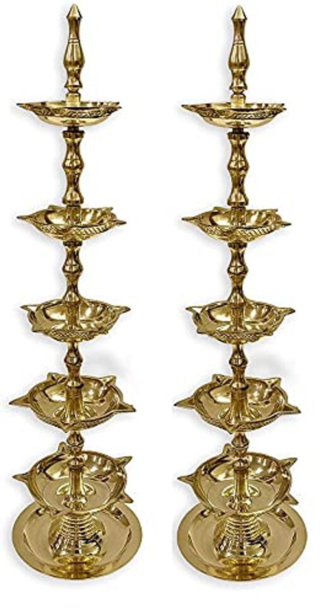 CRAFTSMAN SATVIK 2 Pc Standing Brass Kerala Samai Diwali Deepak for Puja Traditional Panchmahal Pooja Deepam Diya Oil Lamp Kutthu Vilakku Dia 5 in 1 Step Adjustable 13.5 inch Deepawali Indian Gift Item - Image 1