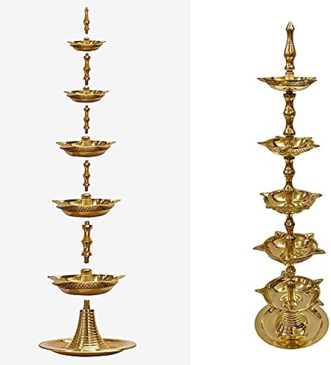 CRAFTSMAN SATVIK 2 Pc Standing Brass Kerala Samai Diwali Deepak for Puja Traditional Panchmahal Pooja Deepam Diya Oil Lamp Kutthu Vilakku Dia 5 in 1 Step Adjustable 13.5 inch Deepawali Indian Gift Item - Image 2