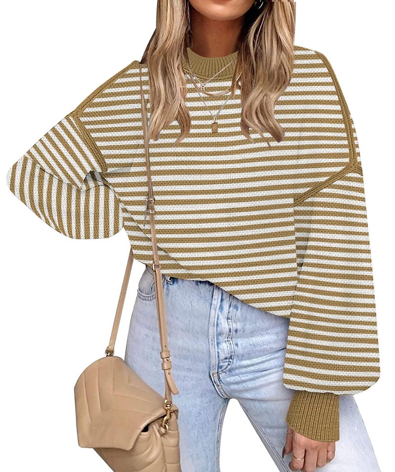 Disamer Fall Clothes for Women 2026 Trendy Fashion Oversized Sweaters Color Block Long Sleeve Knited Pullover Tops Winter Outfits,Striped Yellow,Small - Image 1