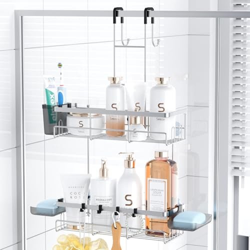 Aitatty Over the Door Hanging Shower Caddy: Rustproof Hanging Organizer over the Door - No Drilling Bathroom Rack for Inside Shower Chrome - Image 1