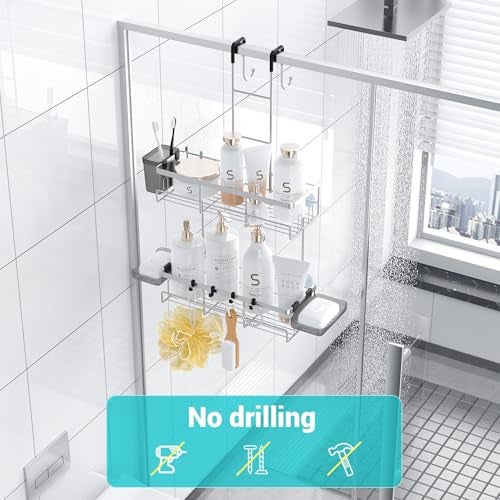 Aitatty Over the Door Hanging Shower Caddy: Rustproof Hanging Organizer over the Door - No Drilling Bathroom Rack for Inside Shower Chrome - Image 5