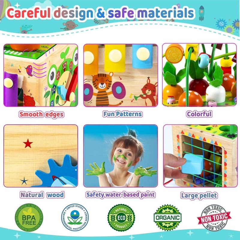 EDUTREE Wooden Activity Cube, 9-in-1 Montessori Toys for 1 2 3 Years Old Toddlers,Educational Learning & Developmental Sensory Toy, First Birthday Gift for Baby Boys Girls - Image 3