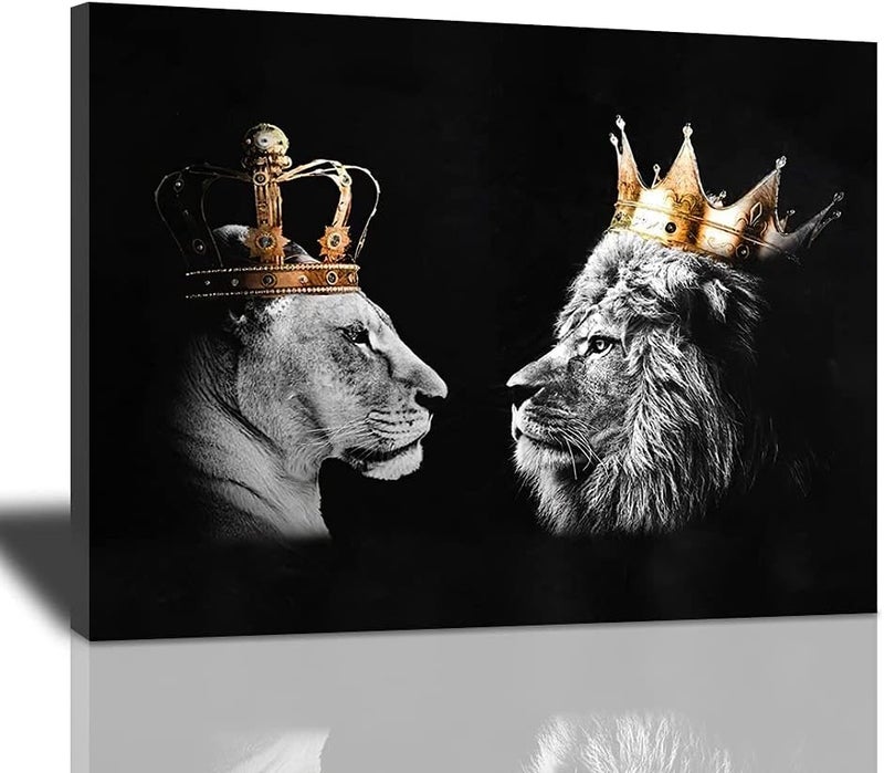 Home Trove فن الجدار على قماش للملك والملكة الأسد - Image 1