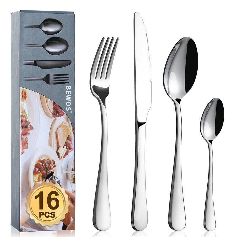 Cutlery Set BEWOS 16 Piece Stainless Steel Flatware Set Tableware Silverware Set with Spoon Knife and Fork Set Service for 4 Dishwasher SafeEasy Clean Mirror Polished