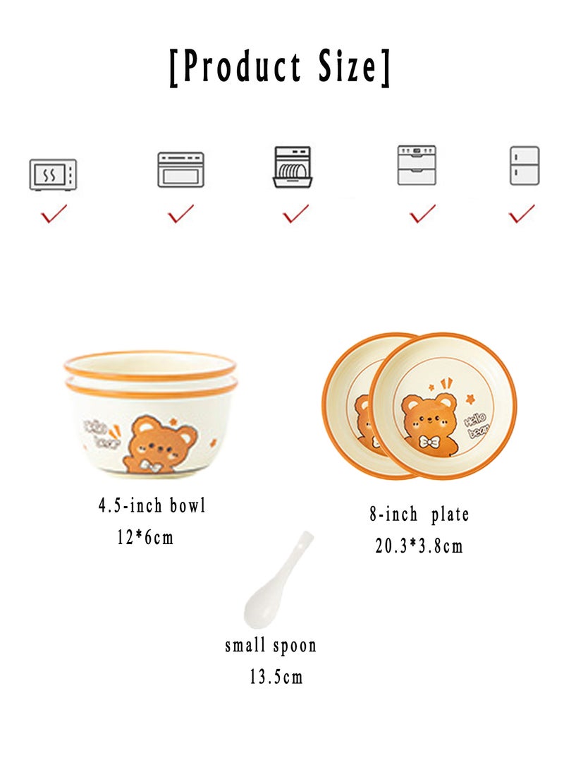 10 - Piece Adorable Bear - Themed Ceramic Dinnerware Set For 4, Includes 4 Bowls, 4 Spoons, 2 Plates, Ideal For Kids' Meals & Gifting, Dishwasher Safe, Cute Kitchen Tableware - Image 2