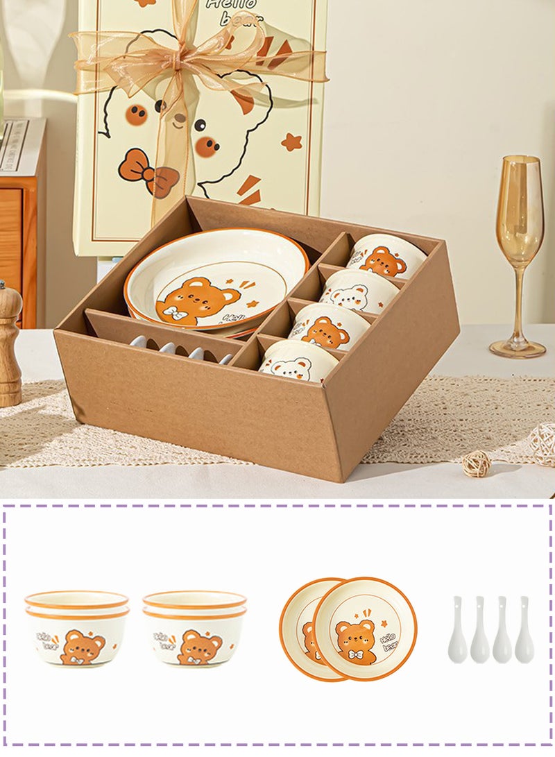 10 - Piece Adorable Bear - Themed Ceramic Dinnerware Set For 4, Includes 4 Bowls, 4 Spoons, 2 Plates, Ideal For Kids' Meals & Gifting, Dishwasher Safe, Cute Kitchen Tableware - Image 1
