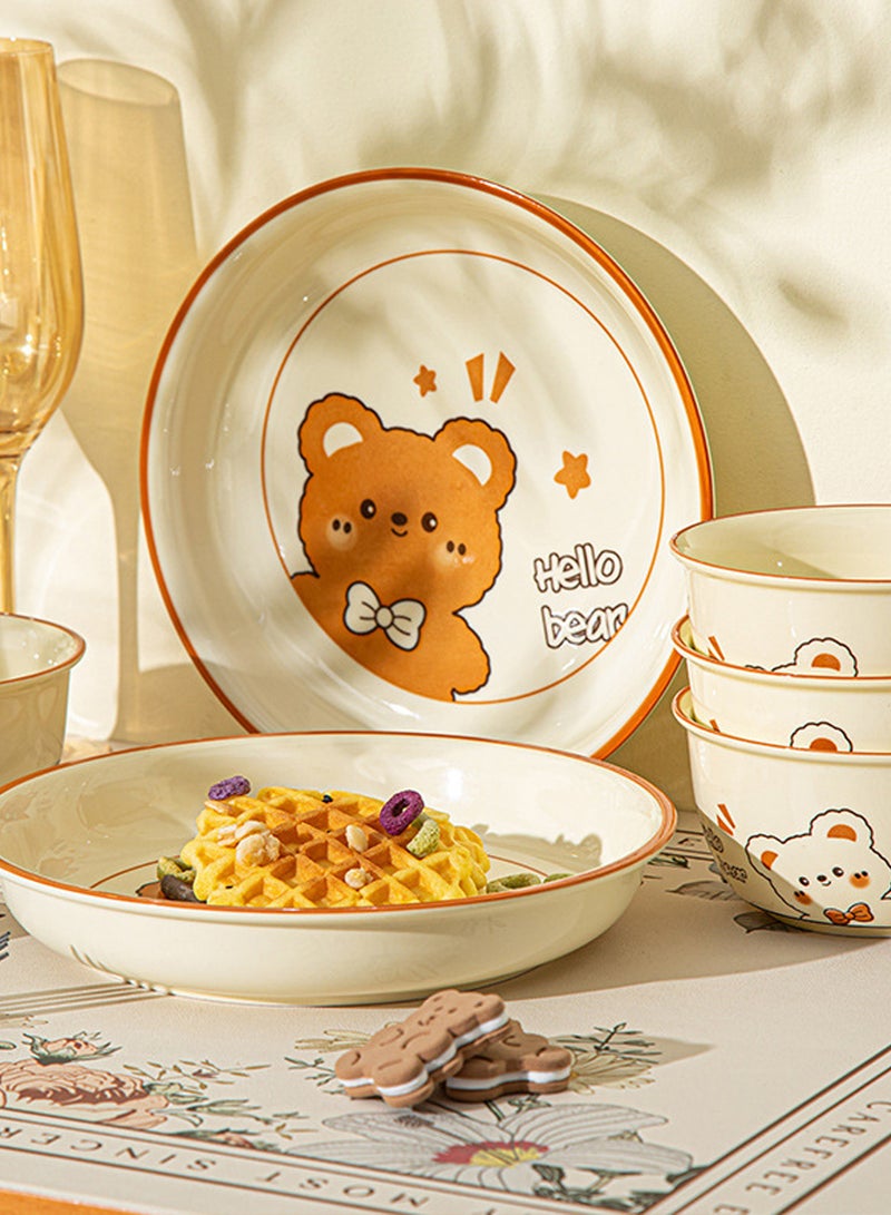 10 - Piece Adorable Bear - Themed Ceramic Dinnerware Set For 4, Includes 4 Bowls, 4 Spoons, 2 Plates, Ideal For Kids' Meals & Gifting, Dishwasher Safe, Cute Kitchen Tableware - Image 5