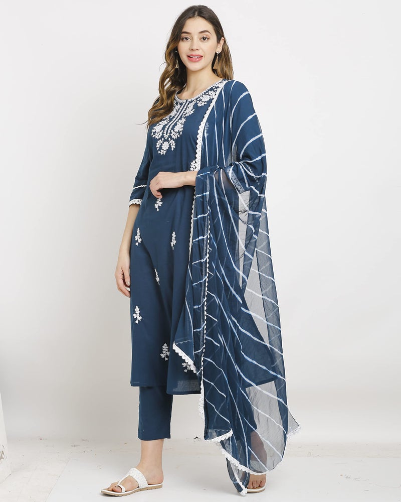 Rajnandini Women's Pure Cambric Cotton Embroidered Chikankari Straight Kurta Set With Dupatta (Ready To Wear; Navy Blue; Small)(JOPLVL241A-S) - Image 3