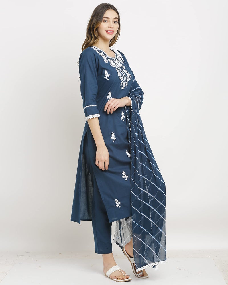 Rajnandini Women's Pure Cambric Cotton Embroidered Chikankari Straight Kurta Set With Dupatta (Ready To Wear; Navy Blue; Small)(JOPLVL241A-S) - Image 4