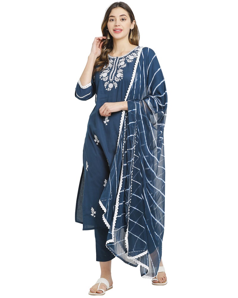 Rajnandini Women's Pure Cambric Cotton Embroidered Chikankari Straight Kurta Set With Dupatta (Ready To Wear; Navy Blue; Small)(JOPLVL241A-S) - Image 1