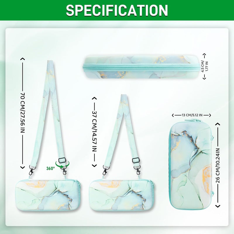 GLDRAM Green Marble Carrying Case for Nintendo Switch OLED, Portable Accessories Bundle for Travel Storage Bag, Hard Shell Protective Cover Skin, Screen Protector, Shoulder Strap & Thumb Caps - Image 3