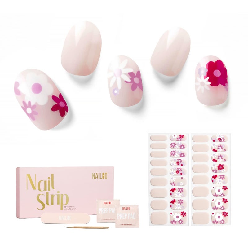 Nailog Semi Cured Gel Nail Strips 34 pcs Long Lasting Nail Polish Sticker Wraps with Glossy Gel Finish Florid