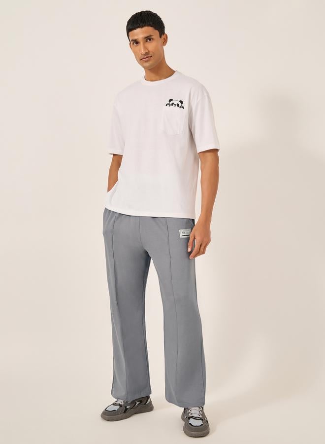 Styli Fleece Pintuck Wide Leg Joggers with Badge Detail  - Image 1