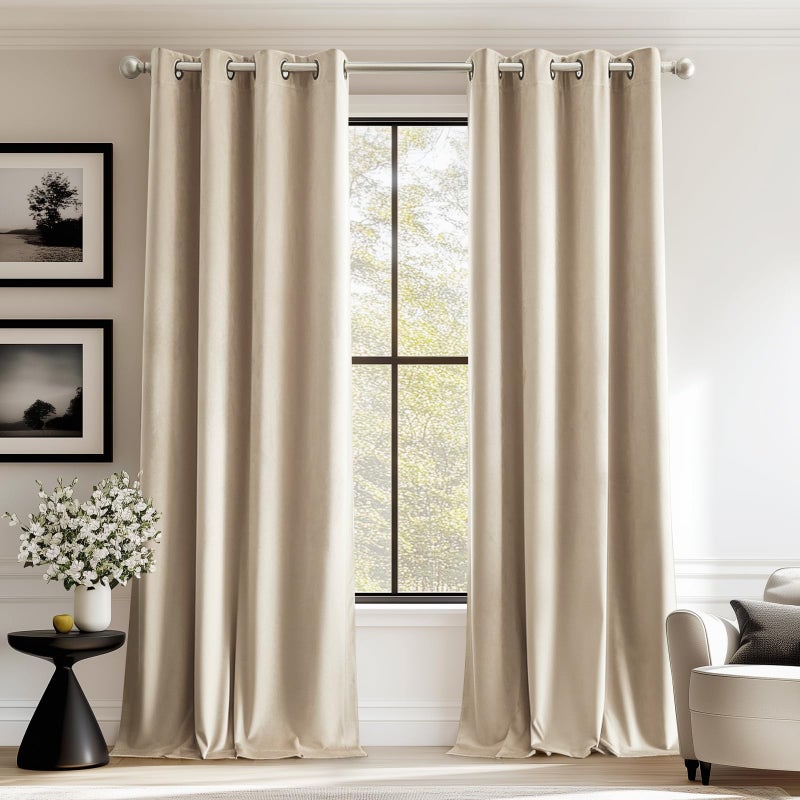 Lazzzy Velvet Curtains Beige Thermal Insulated Curtains 96 inch Long Drapes for Bedroom Living Room Darkening Noise Reducing Soft Luxury Window Treatments Grommet Curtains 2 Panels Beige