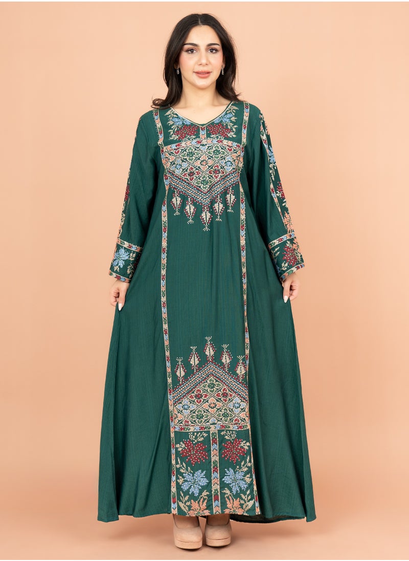 IKKXA Exquisite Embroidered Jalabiya with Delicate Details IK4008 Green  - Image 1