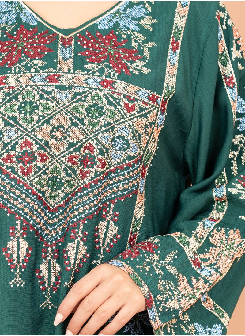 IKKXA Exquisite Embroidered Jalabiya with Delicate Details IK4008 Green  - Image 2