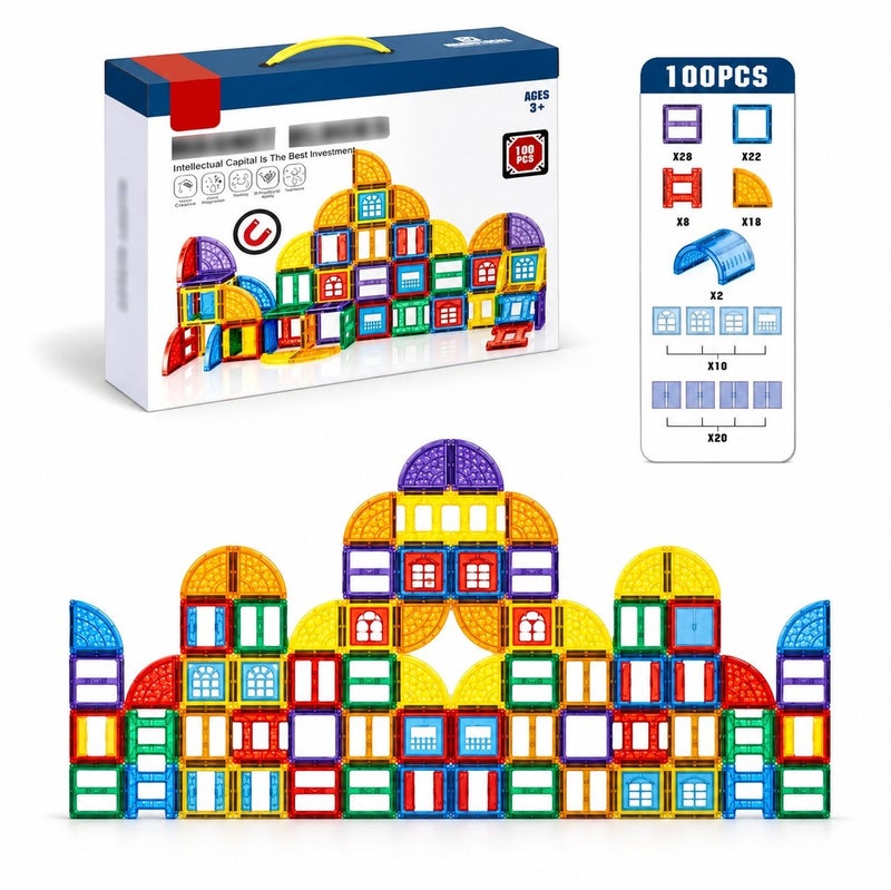O2. 100PCS Magnetic Building Tiles Set for Kids Ages 3+, Colorful Magnetic Blocks Construction Toy with Strong Magnetic Connection, ABS Plastic Educational STEM Building Toy for Creative Structures, Houses, Towers and Imaginative Play - Image 2
