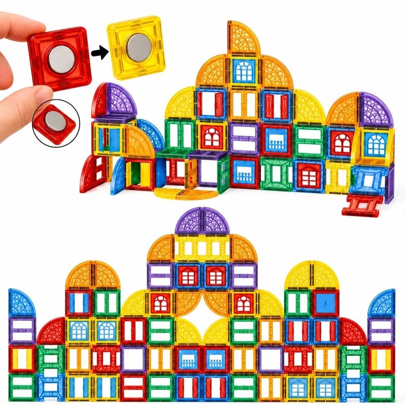 O2. 100PCS Magnetic Building Tiles Set for Kids Ages 3+, Colorful Magnetic Blocks Construction Toy with Strong Magnetic Connection, ABS Plastic Educational STEM Building Toy for Creative Structures, Houses, Towers and Imaginative Play - Image 4
