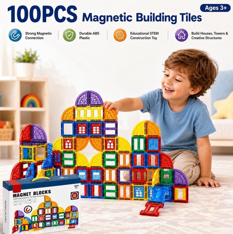 O2. 100PCS Magnetic Building Tiles Set for Kids Ages 3+, Colorful Magnetic Blocks Construction Toy with Strong Magnetic Connection, ABS Plastic Educational STEM Building Toy for Creative Structures, Houses, Towers and Imaginative Play - Image 1