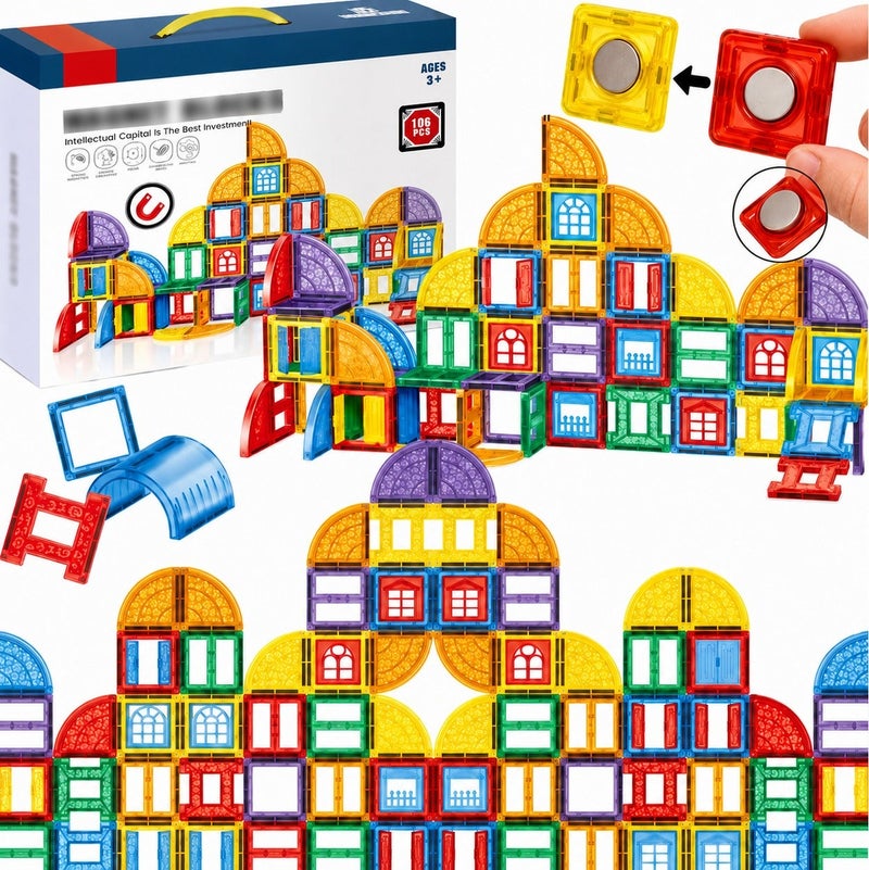 O2. 100PCS Magnetic Building Tiles Set for Kids Ages 3+, Colorful Magnetic Blocks Construction Toy with Strong Magnetic Connection, ABS Plastic Educational STEM Building Toy for Creative Structures, Houses, Towers and Imaginative Play - Image 5