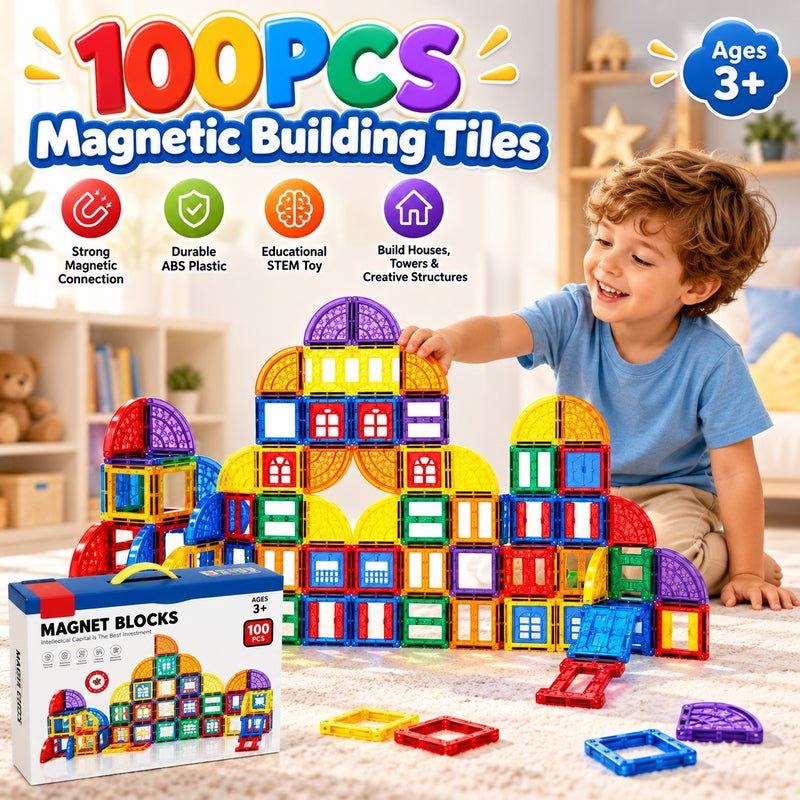 O2. 100PCS Magnetic Building Tiles Set for Kids Ages 3+, Colorful Magnetic Blocks Construction Toy with Strong Magnetic Connection, ABS Plastic Educational STEM Building Toy for Creative Structures, Houses, Towers and Imaginative Play - Image 1