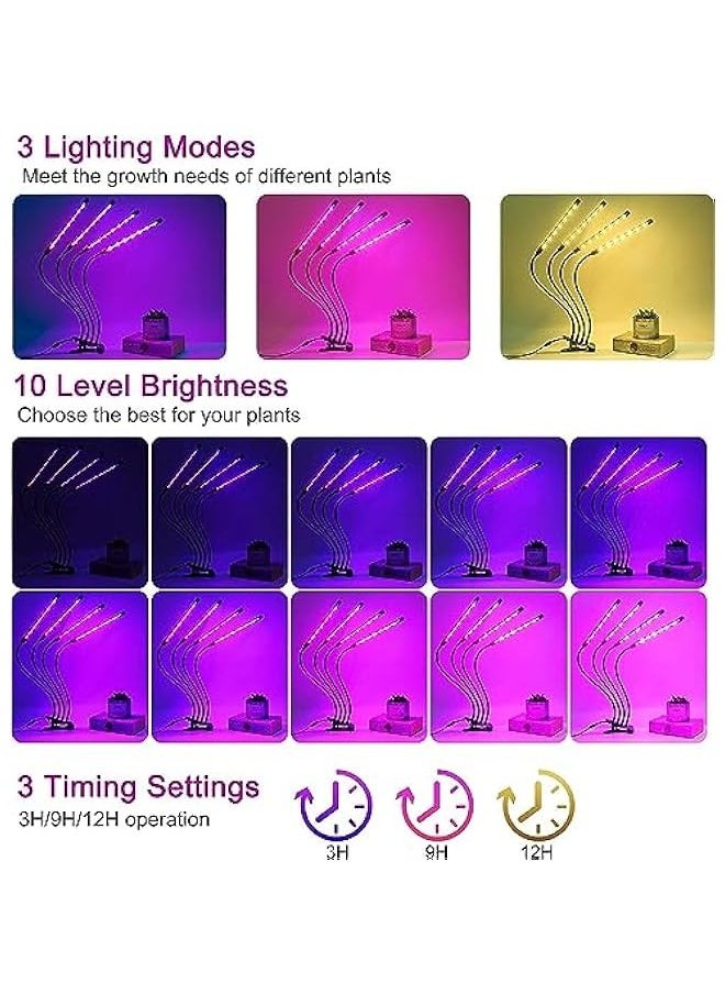 TRASSLE LED Grow Lights, 4 Heads Red Blue Full Spectrum Plants Lights with Clamp for Indoor Plants & Seed Starting, 10-Level Dimmable, Auto On Off, Timing 3 9 12Hrs  - Image 3