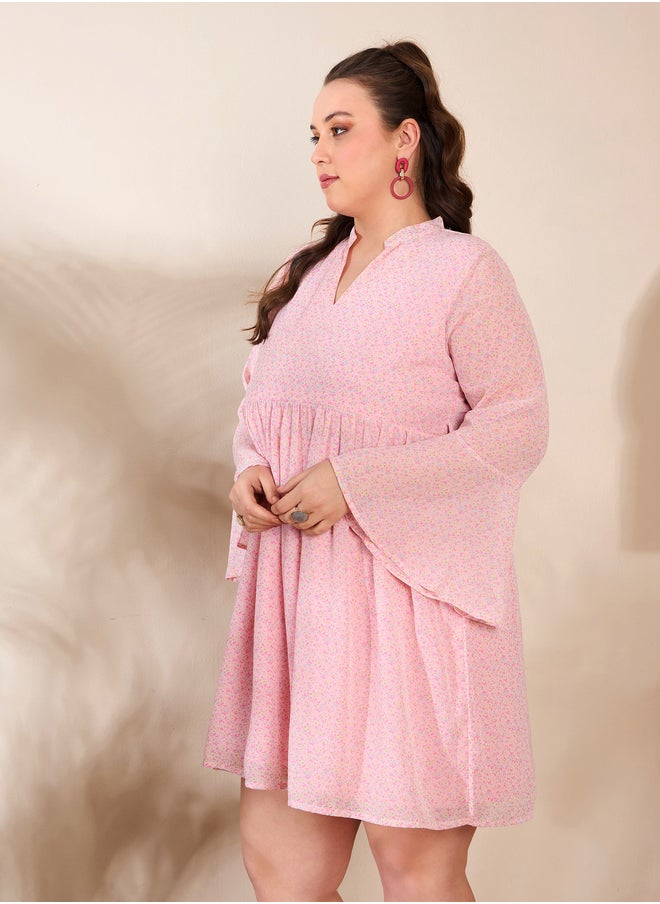 SASSAFRAS Plus Size Ditsy Floral Print V-Neck Knee Length Dress  - Image 3
